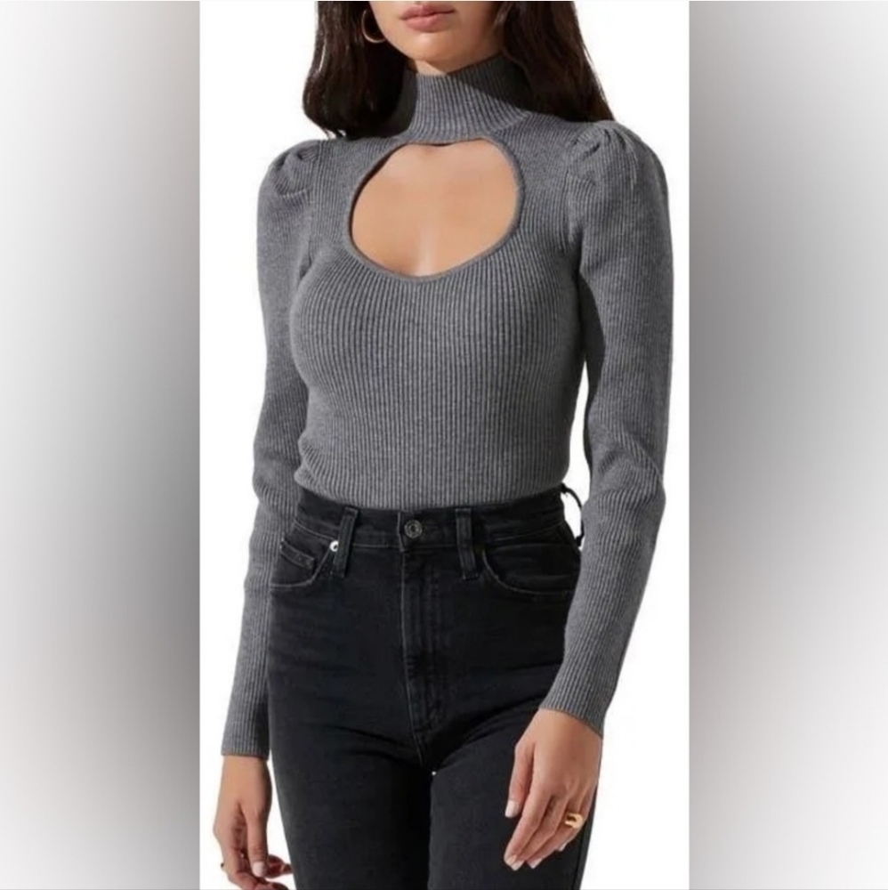 ASTR THE LABEL Front Cutout Sexy Gray Ribbed Bodysuit Size Small EUC Stretch - Picture 3 of 7